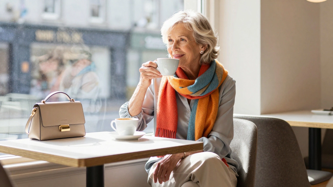 Senior woman enjoying coffee at a sunny Irish cafe with stylish accessories