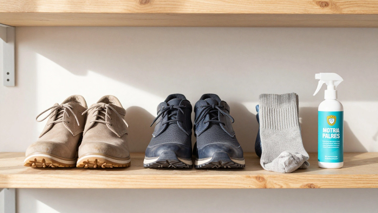 Shoes, wool socks, and waterproof spray on a shelf