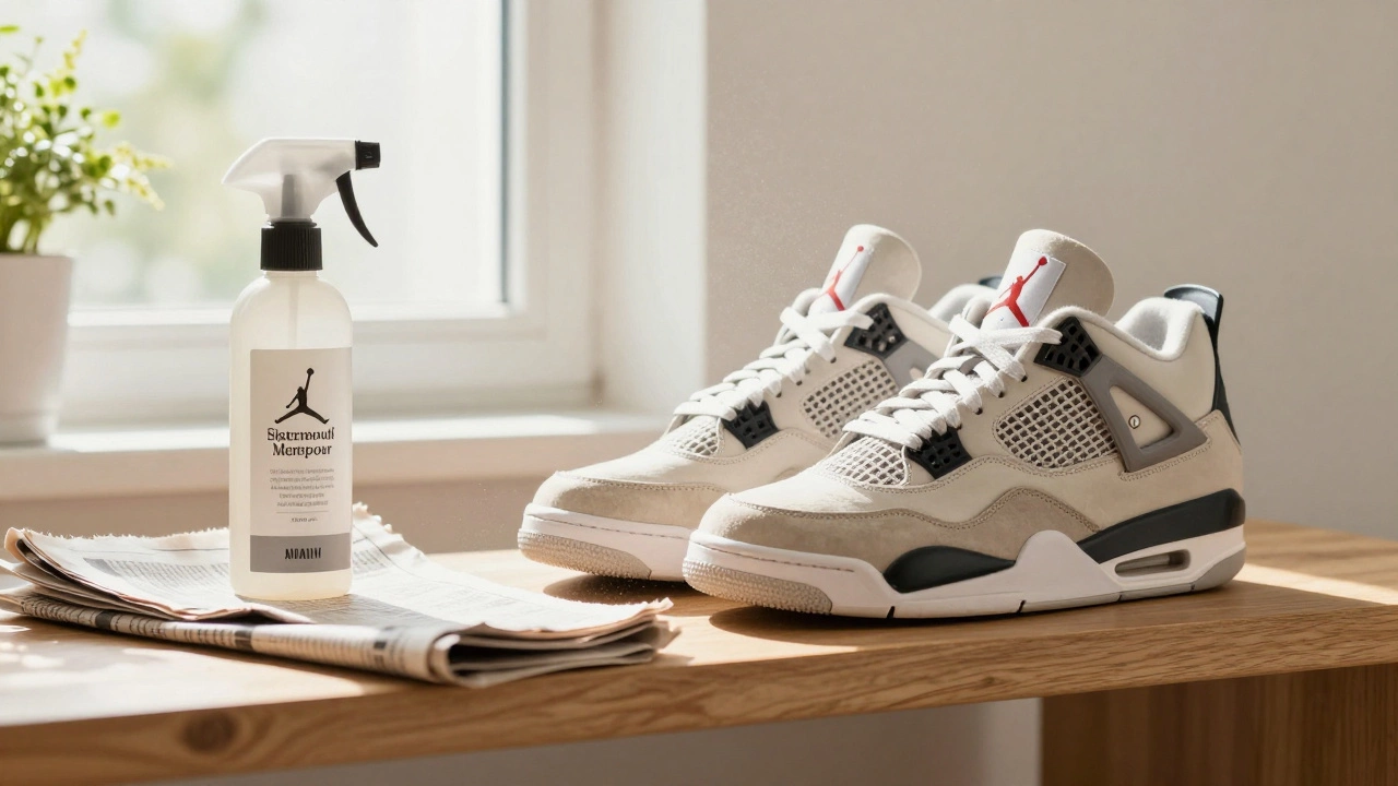 Sneakers with cleaning spray and newspaper on shelf