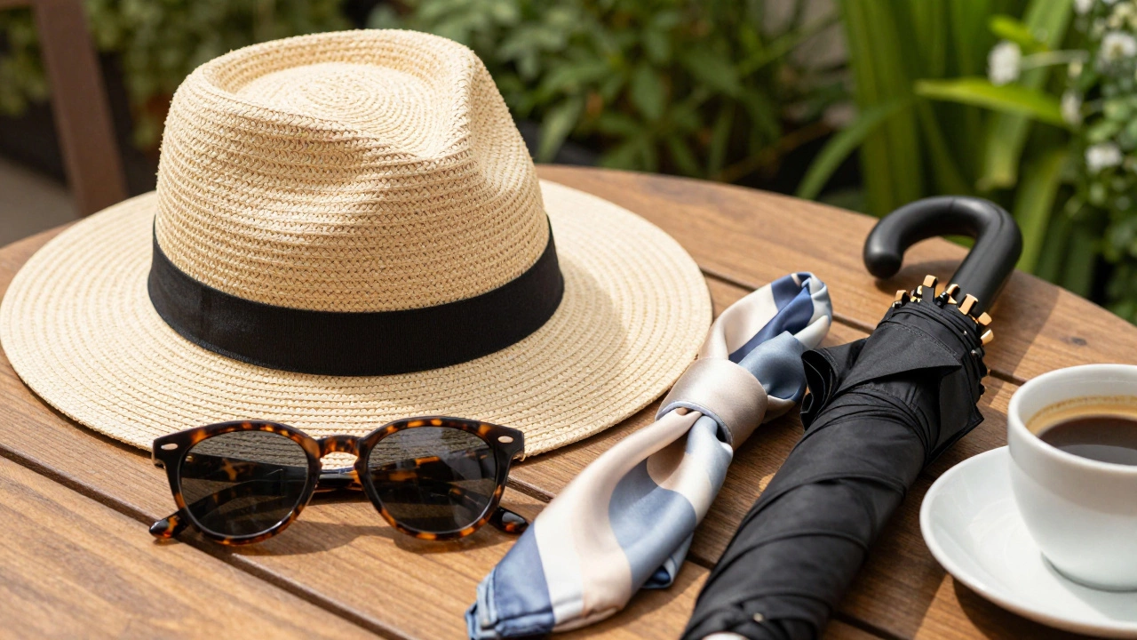 Straw hat, sunglasses, and umbrella on a table with green background