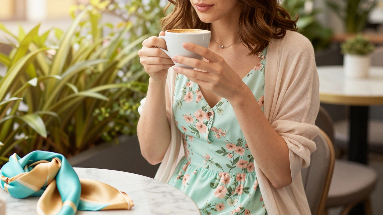 Woman in pastel floral dress enjoying coffee in Galway cafe