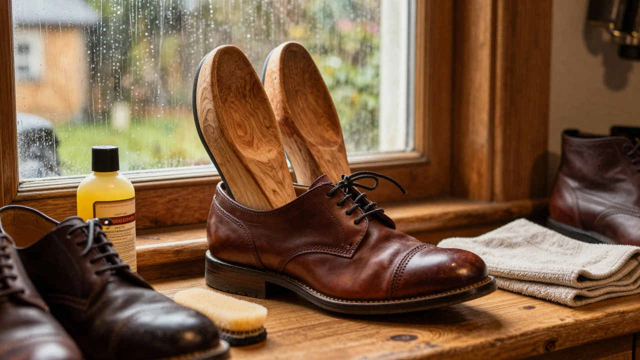 Cedar shoe trees being inserted into leather shoes near a rainy window
