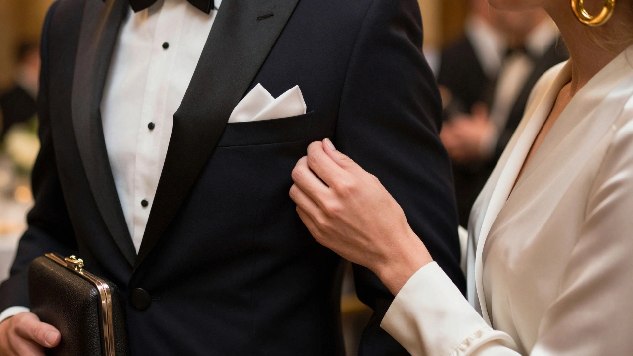 Close-up of tuxedo pocket square and elegant clutch accessories