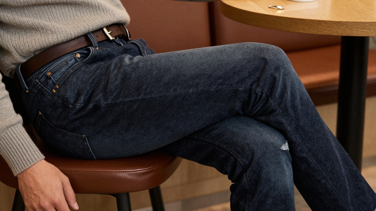 Close-up of well-fitted dark denim jeans in a cafe