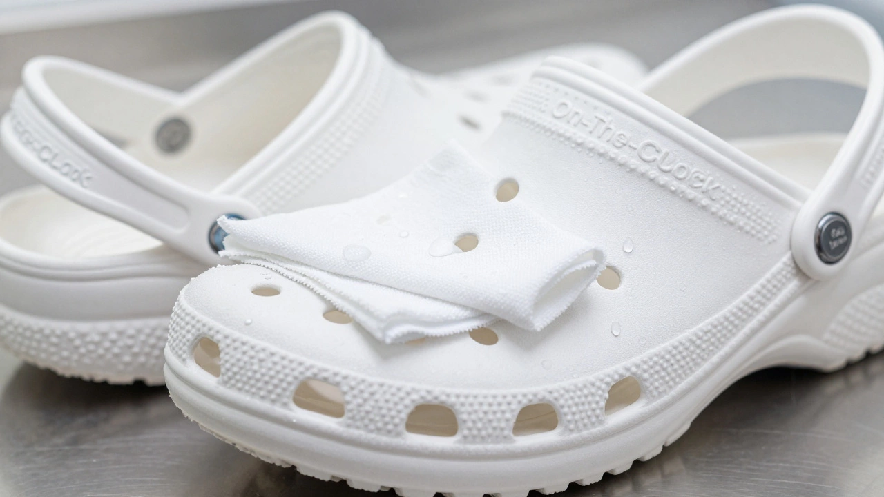 Close-up of white medical Crocs being sanitized with a disinfectant wipe.