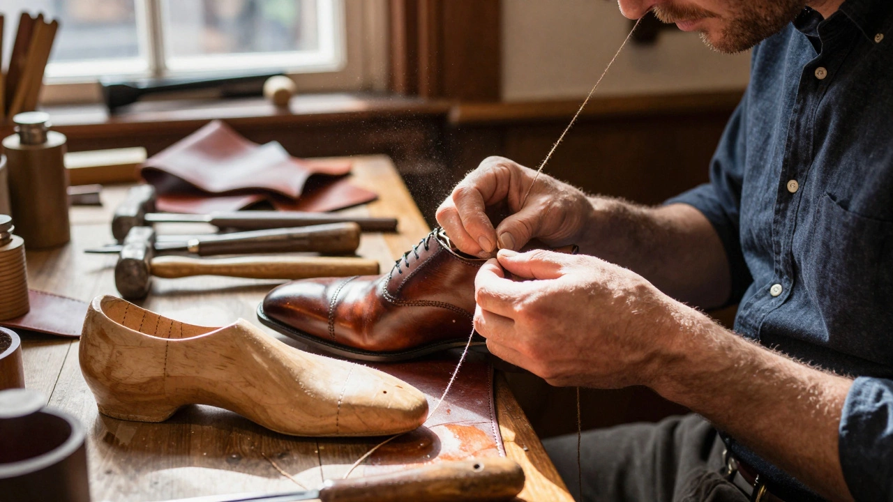 Cobbler hand-stitching bespoke leather shoes in a Dublin workshop