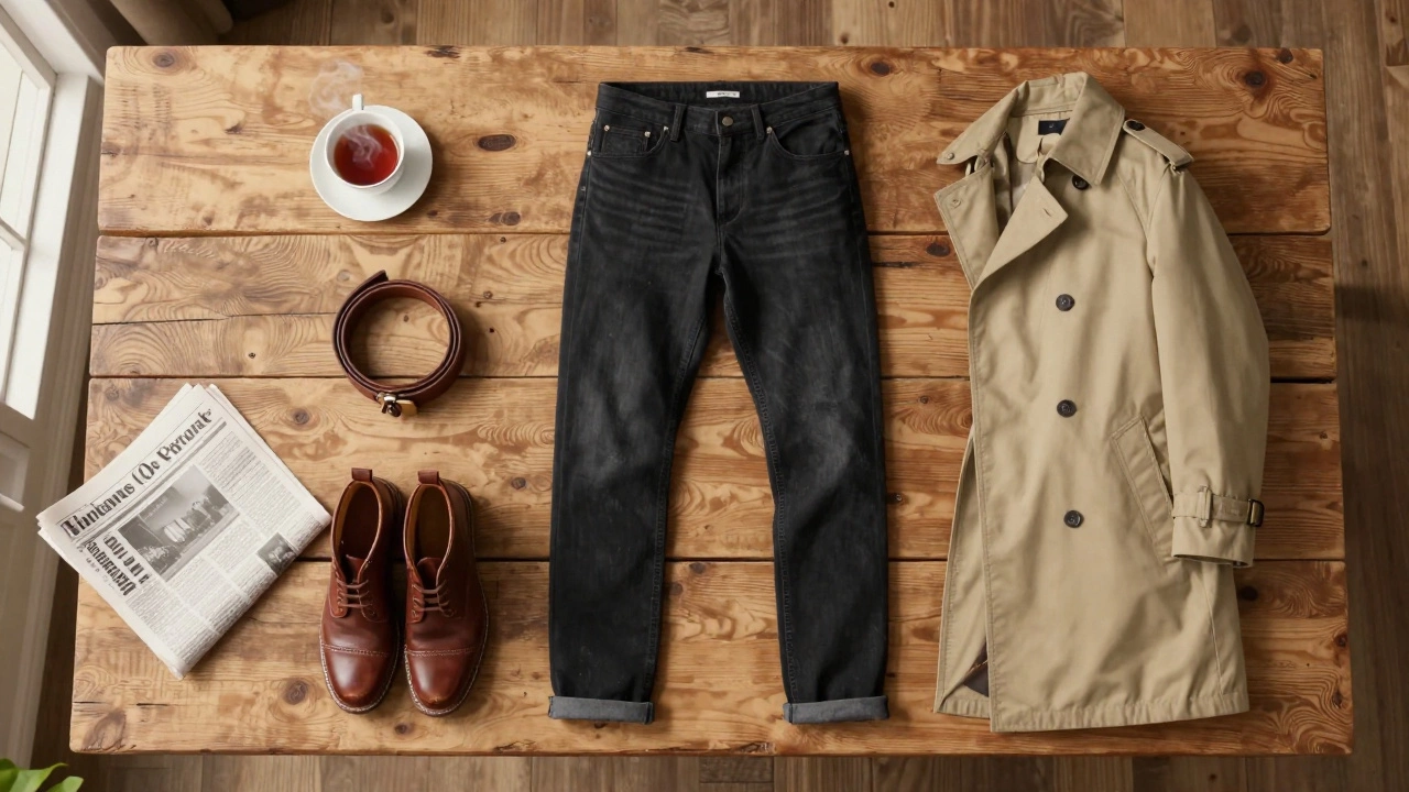 Dark jeans, boots, and coat arranged on a wooden table