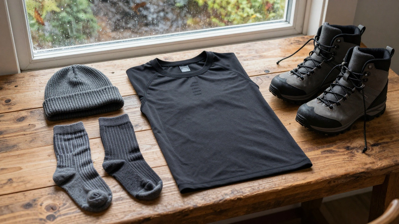 Flat lay of merino wool, thermal layers, and hiking boots