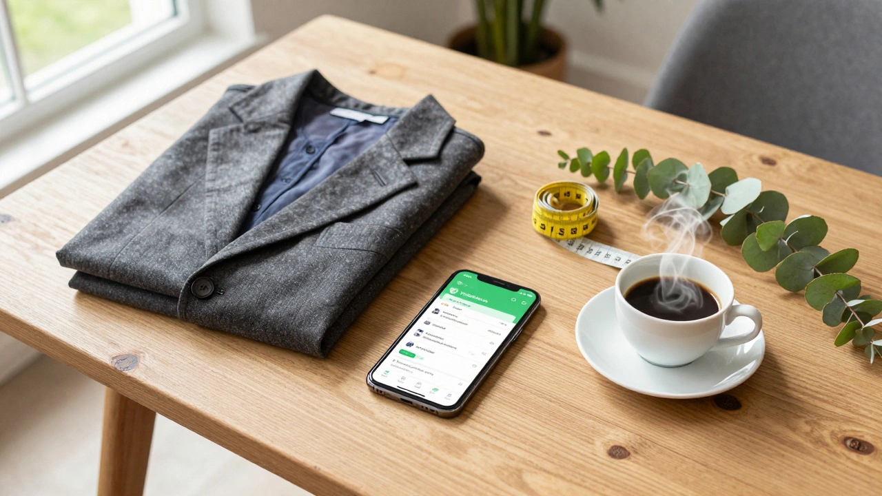 Folded men's suit on a table with phone and coffee, ready for online sale.
