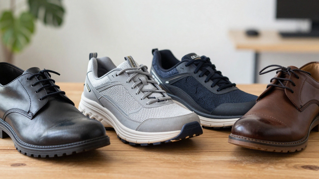 Four pairs of popular work shoes displayed on a wooden table