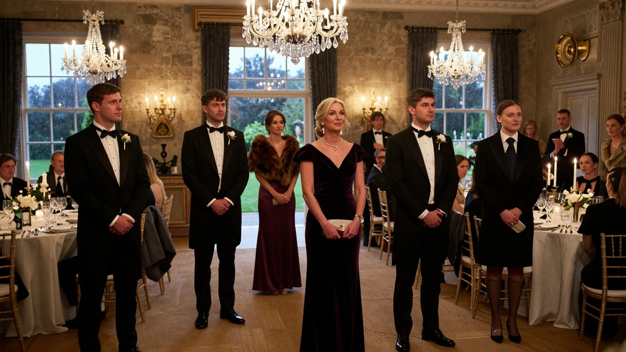 Guests in black tie evening wear at an Irish estate wedding