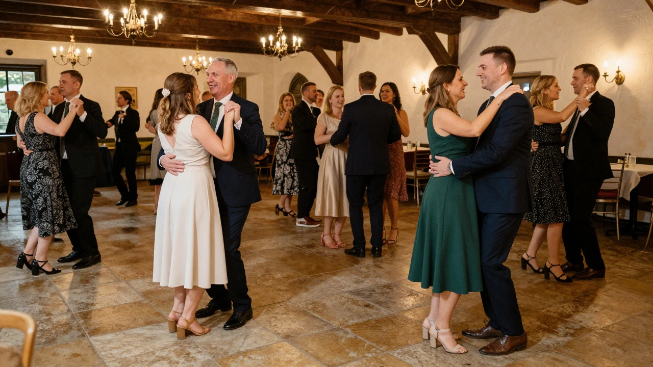 Guests in cocktail attire dancing joyfully in an Irish stone venue