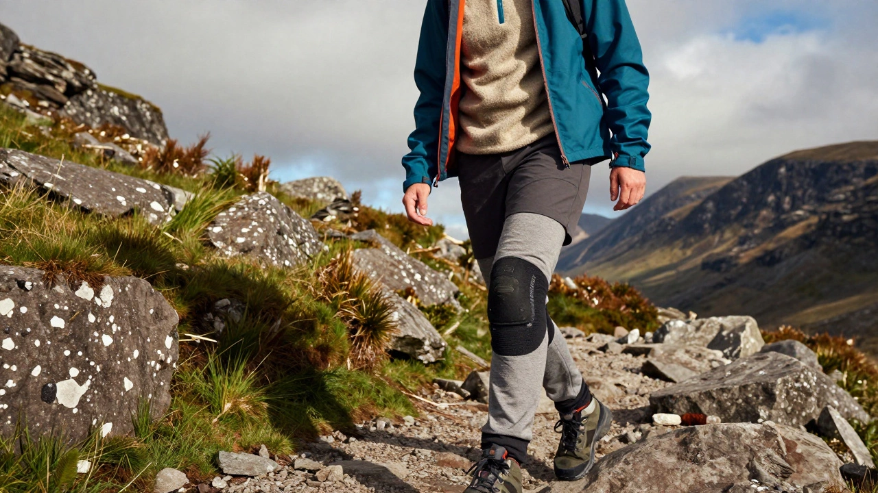 Hiker wearing layered merino and shell gear on rugged Irish mountain trail