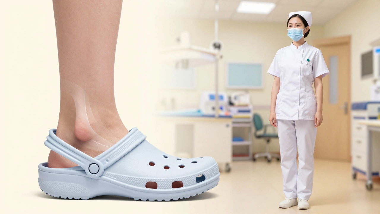 Illustration showing arch support and ventilation features of nurse clogs.