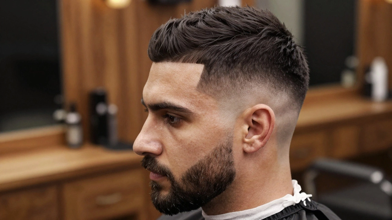 Man with textured crop and groomed beard in stylish barbershop
