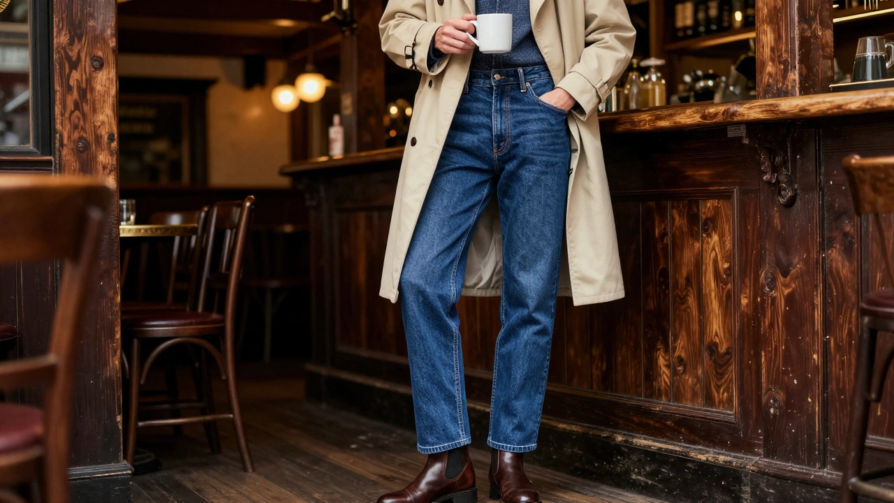 Person in straight-cut jeans and trench coat in an Irish pub