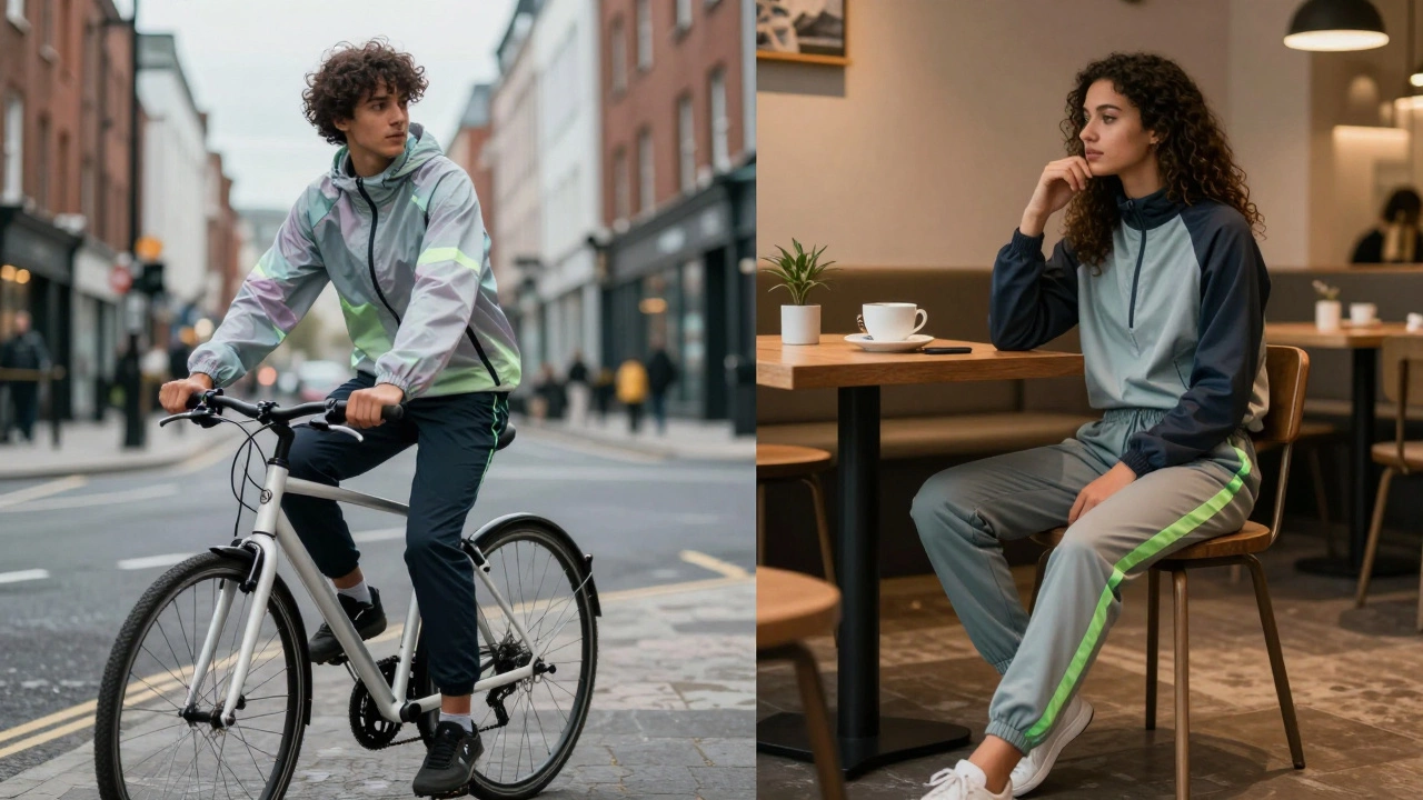 Person transitioning from cycling in urban gear to relaxing in a cafe