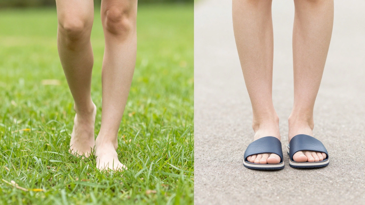 Person walking barefoot on grass vs minimalist shoes
