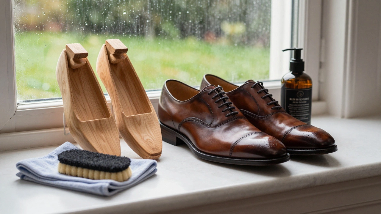 Polished leather shoes with cedar trees and care products by a window