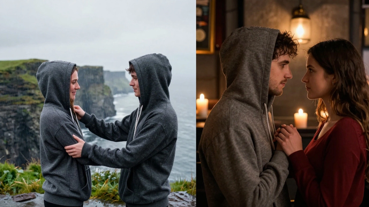Split view of friendly vs romantic hoodie exchange