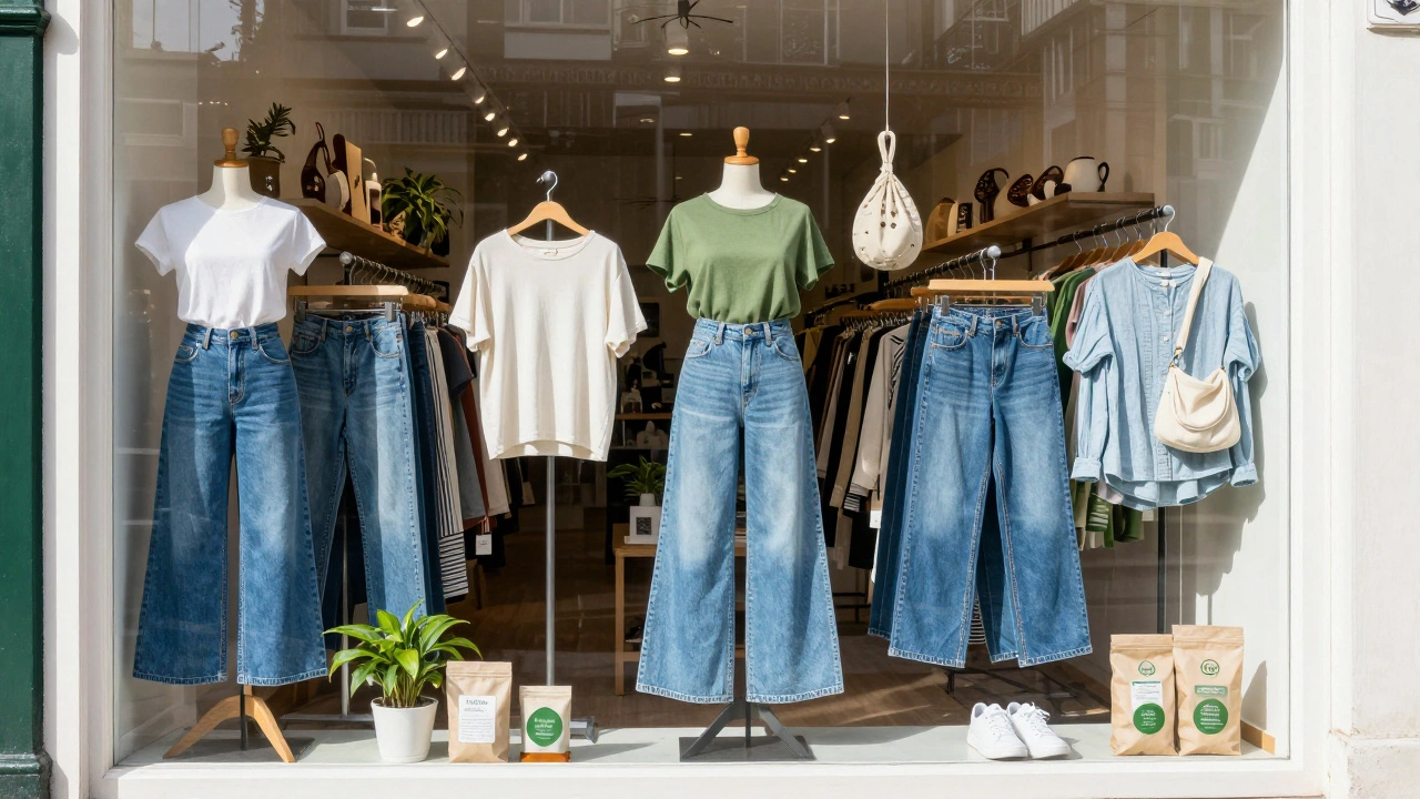 Sustainable denim display in a bright Dublin boutique window