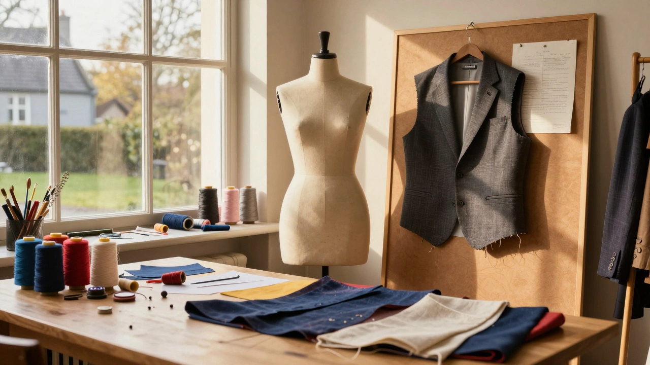 Tailoring workspace showing a suit being upcycled into a new waistcoat.