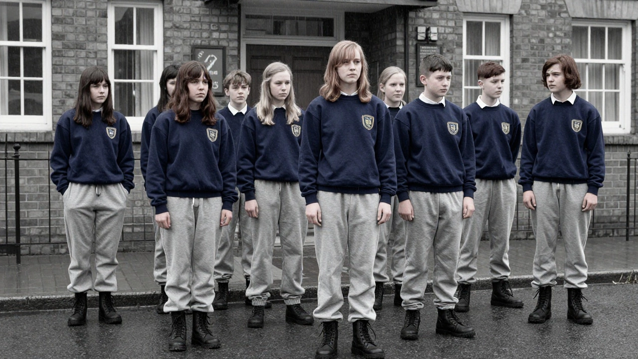 Teenagers in matching navy sweatshirts and grey trousers in rain