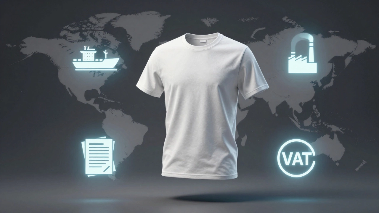 White t-shirt surrounded by icons of ships, factories, and taxes