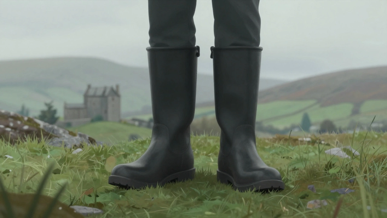 Wide-fit boots standing on a misty Irish hillside landscape