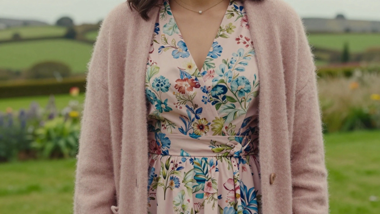 Woman in floral midi dress and cardigan at an Irish garden party