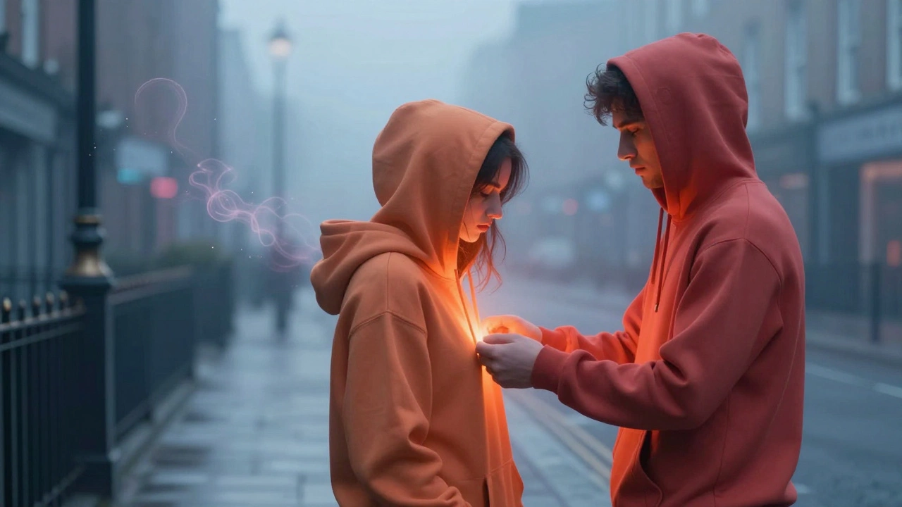 Woman wearing partner's hoodie in misty Dublin street