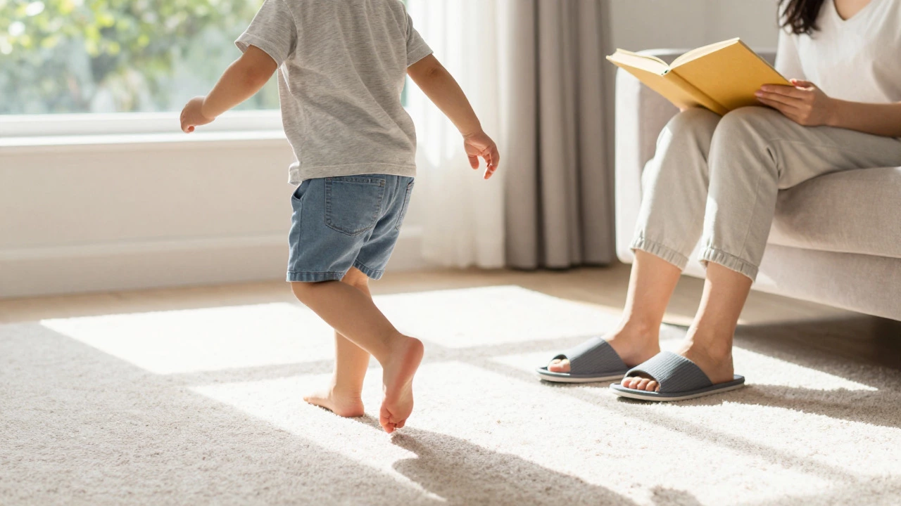 Child running barefoot on carpet while adult wears supportive slippers