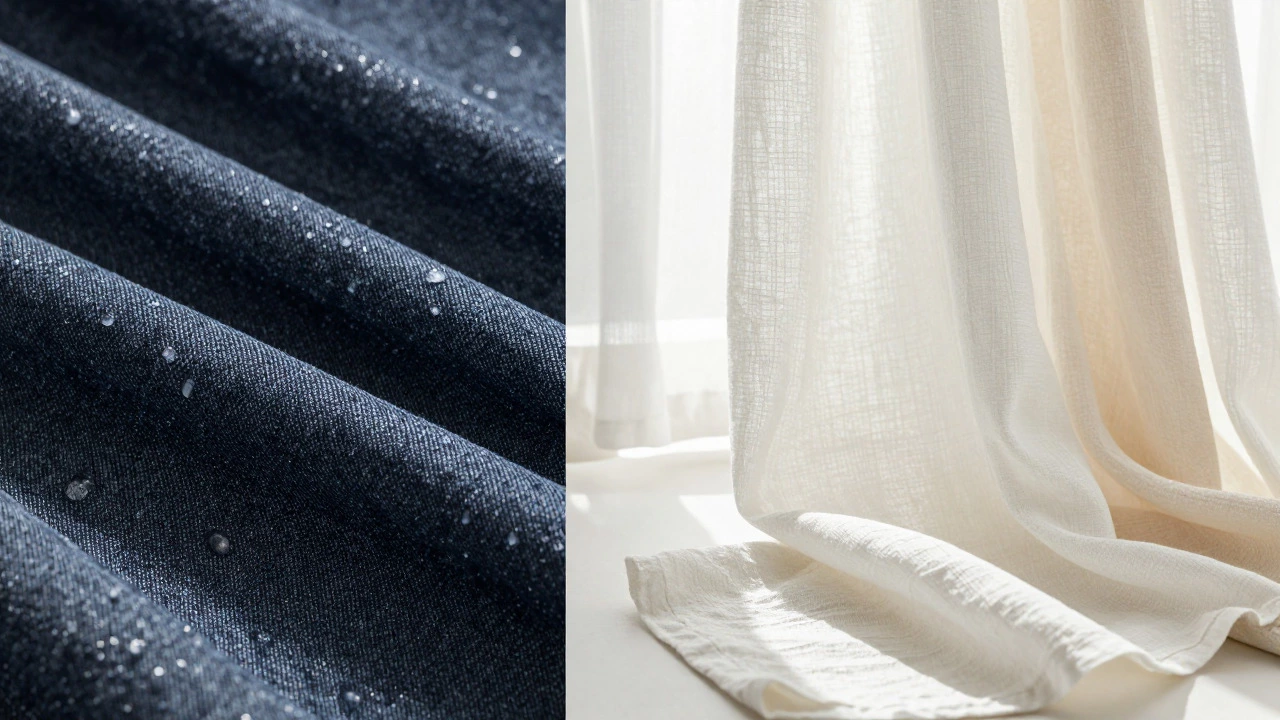 Close-up comparison of heavy denim vs airy linen fabric