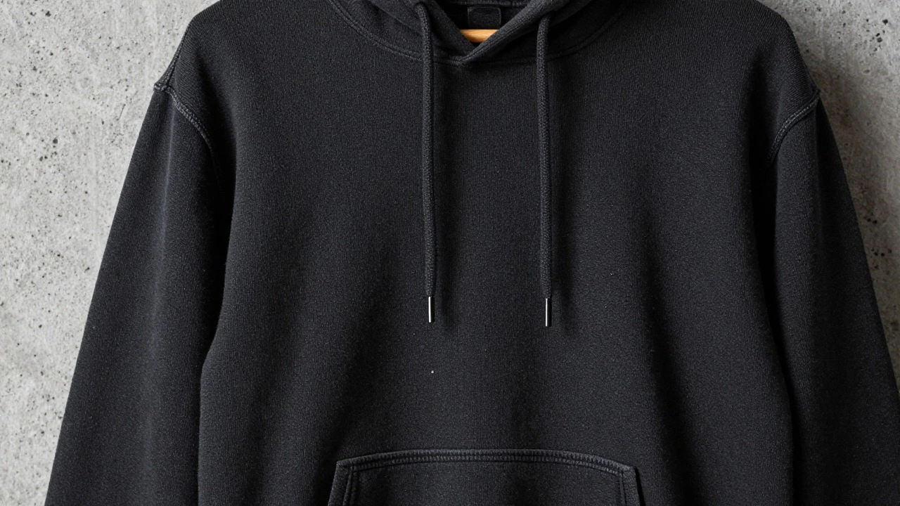 Close-up of heavy cotton hoodie texture and drop shoulder seam