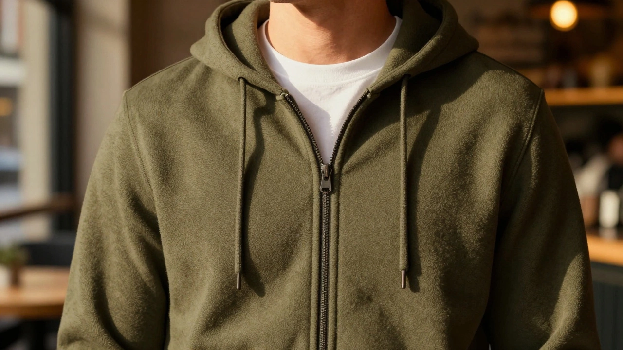 Close-up of textured olive green zip-up hoodie layered over white shirt indoors