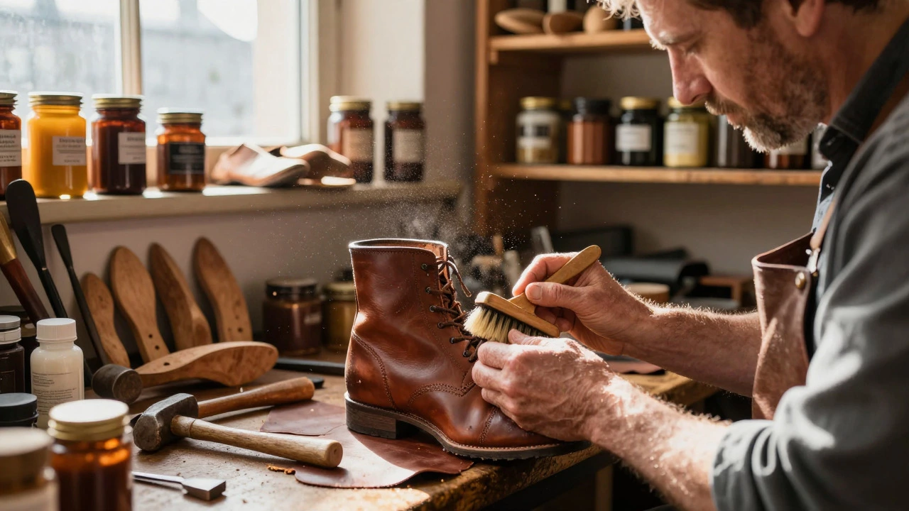 Cobbler conditioning leather boots in a traditional workshop