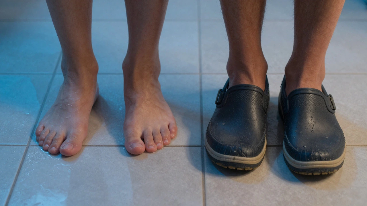 Comparison of bare feet on wet tiles vs safe rubber-soled slippers