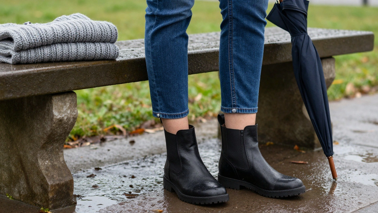 Dark mom jeans paired with waterproof boots on wet Irish pavement