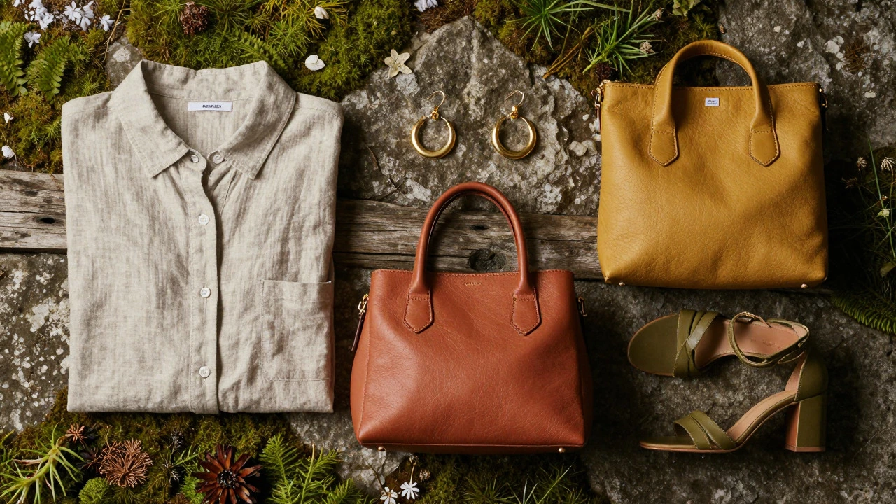 Flat lay of chic summer accessories including linen, gold jewelry, and bag
