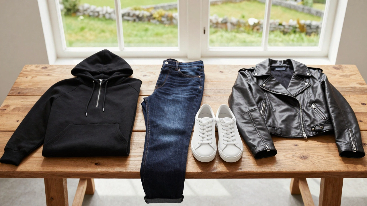 Flat lay of sustainable black hoodie, jeans, sneakers, and leather jacket