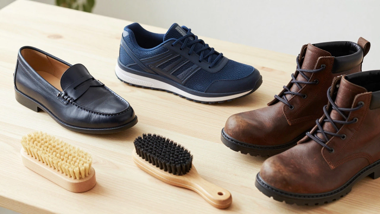 Flat lay of various comfortable work shoes and care products on wood