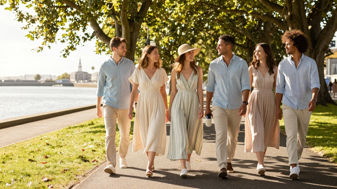 Friends in breathable summer clothes walking in shade