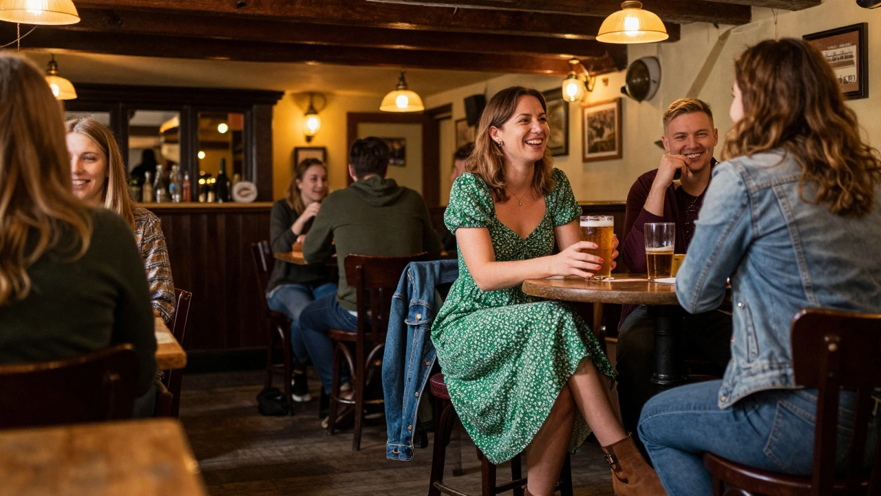 Friends laughing in cozy Irish pub with woman in sundress