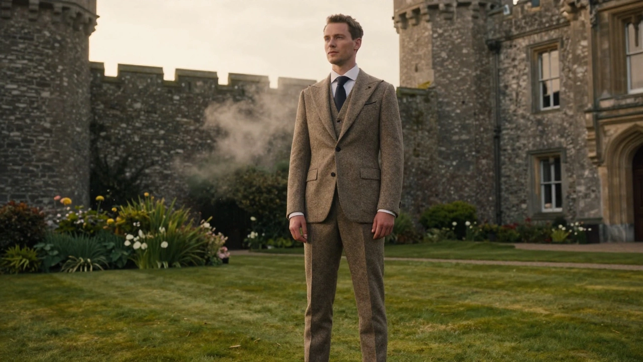 Groom in bespoke suit at an Irish castle courtyard