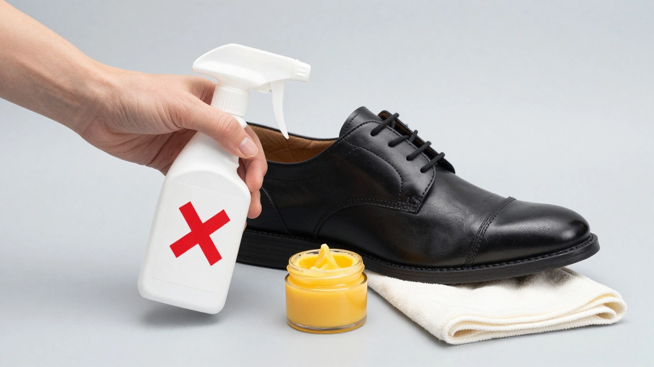 Hand holding spray bottle near leather shoe, wax polish nearby