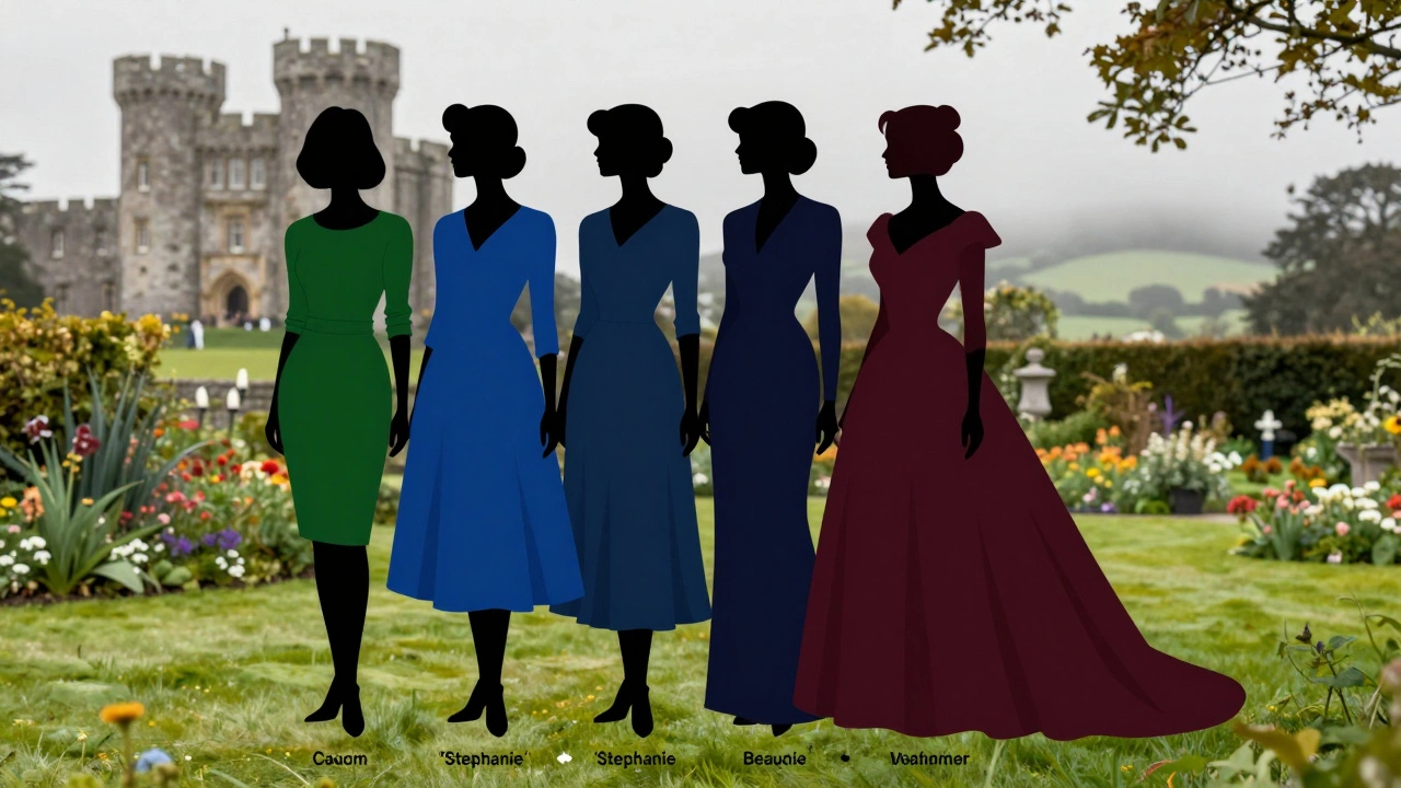 Illustration of five evening dress lengths with Irish scenery