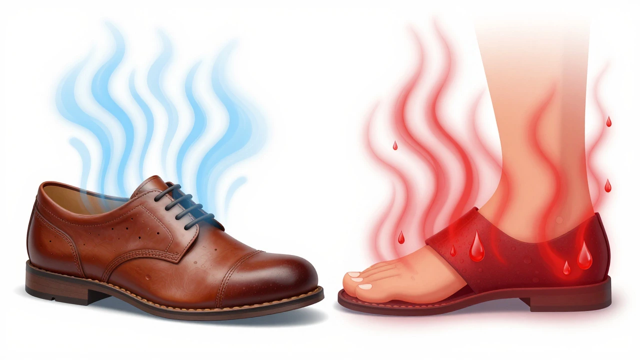 Illustration showing breathable leather vs trapped moisture in synthetics