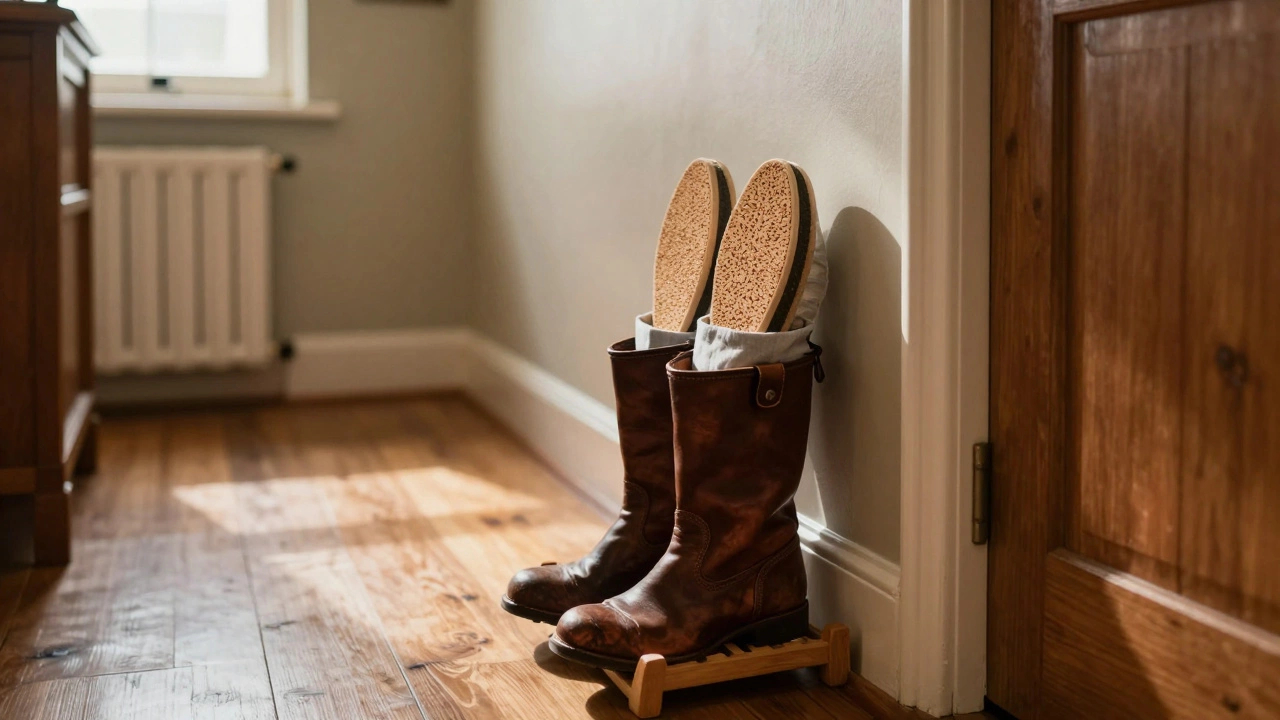 Leather boots with cedar shoe trees stored away from radiator