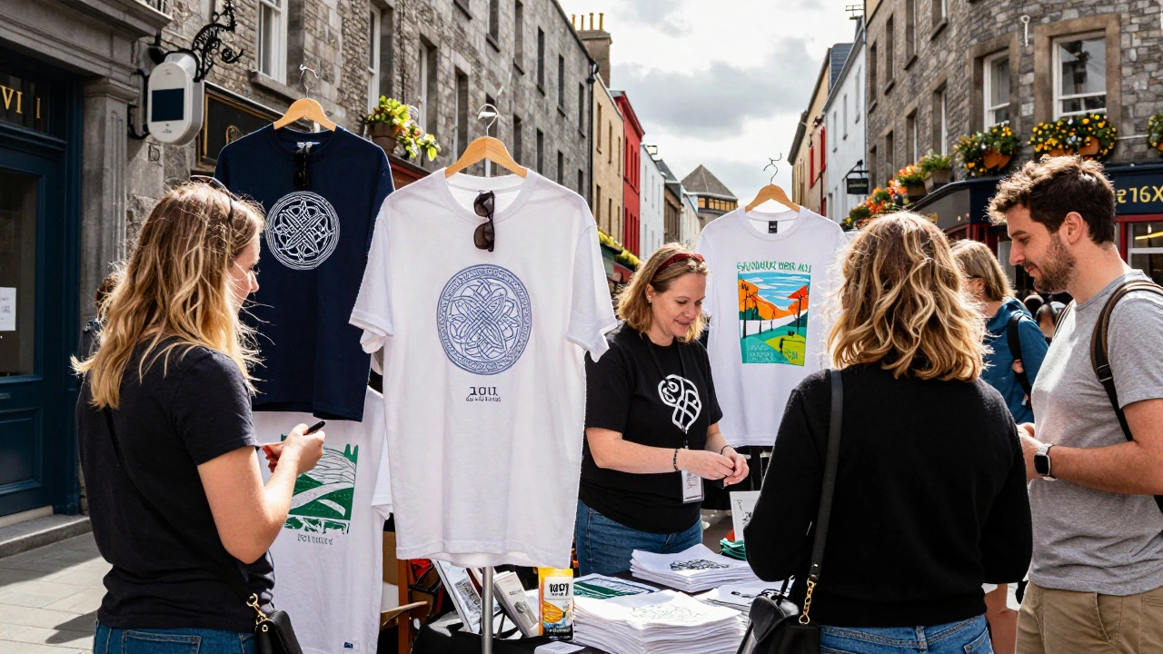 Local artisan selling unique Irish-designed t-shirts at a market