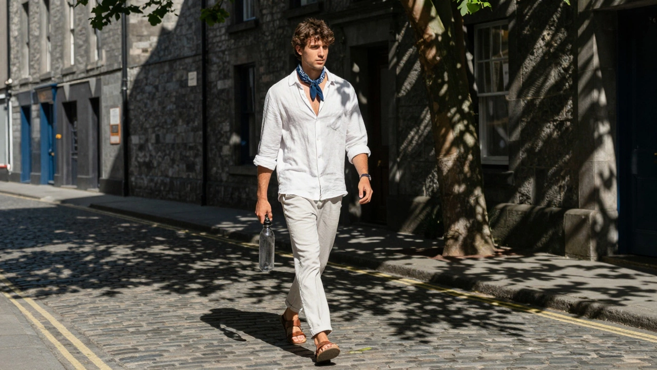 Man in white linen shirt walking in shaded Irish city street with water